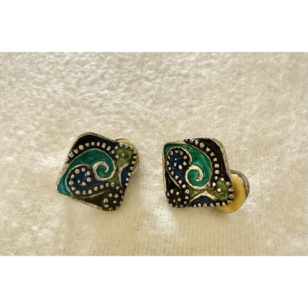 Chico's Pewter Tone Enamel 1" Circle Earrings Ocean Water Colors Waves Clip